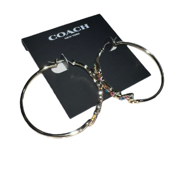 COACH Gold Tone Hypoallergenic Rainbow Crystal Logo Script Hoop Earrings - Picture 5 of 10